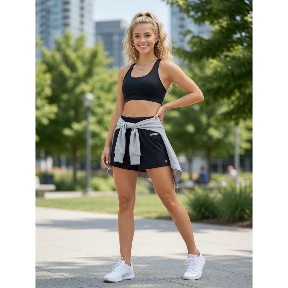 Vuori Black Athletic Shorts with Grey Tie Sweatshirt